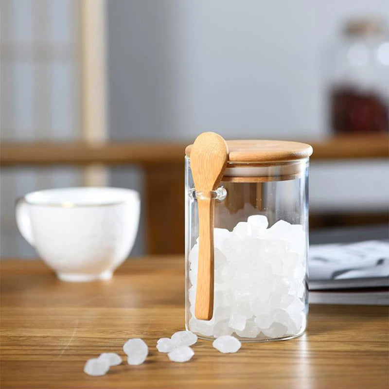 Food Storage Jars with Bamboo Lids and Spoon