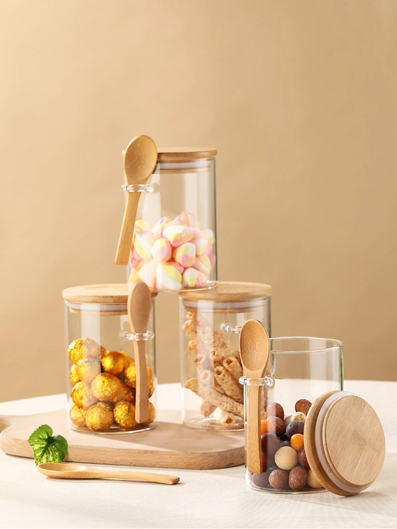 Food Storage Jars with Bamboo Lids and Spoon